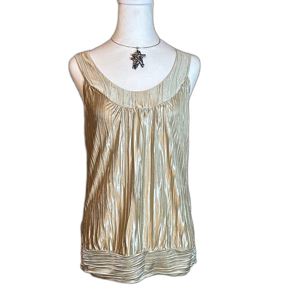 BCX Gold Shimmer Sleeveless Top Blouse Metallic Accordion Pleated Size M